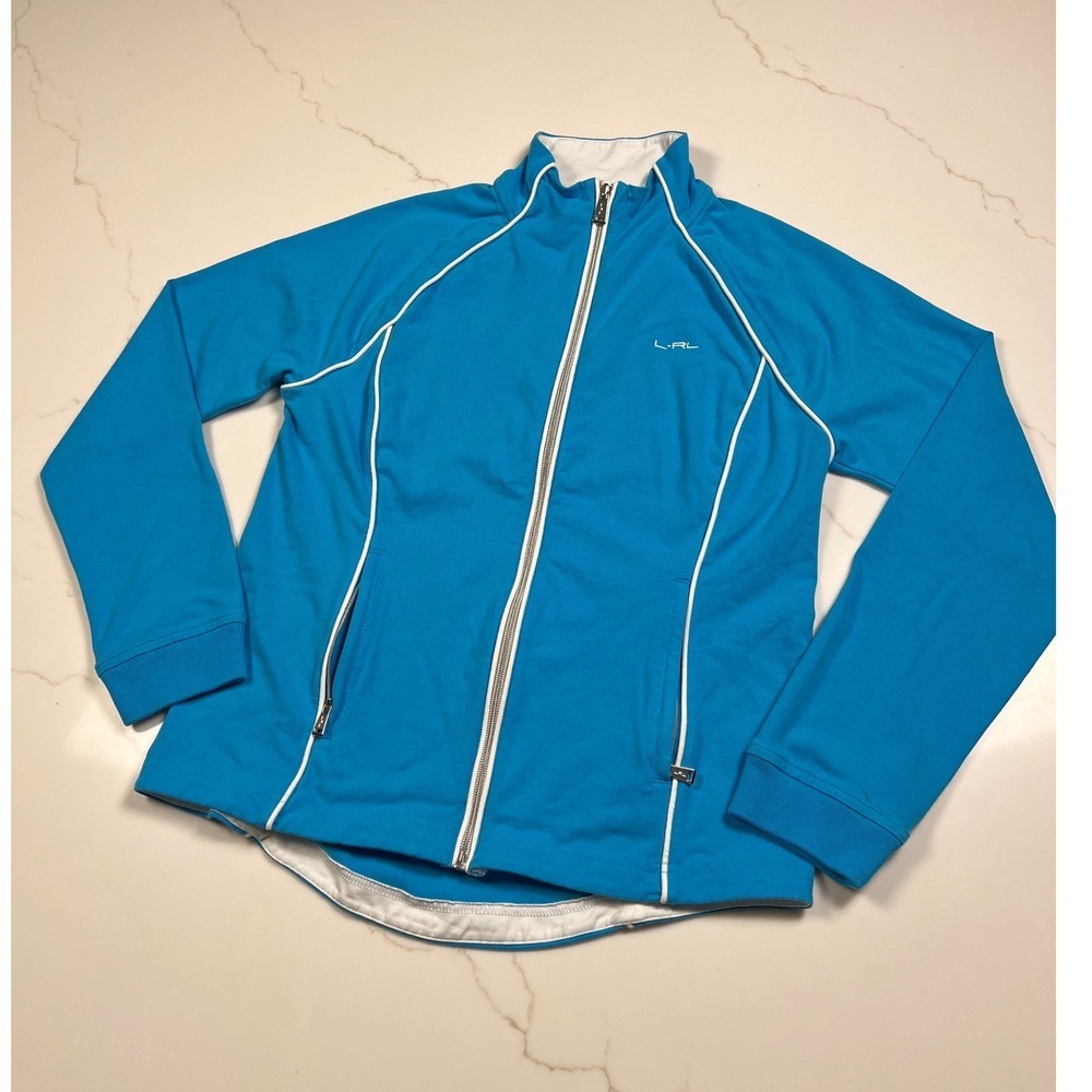 Ralph Lauren Active L-RL Blue Full Zip Track Jacket White Piping Sporty Size M